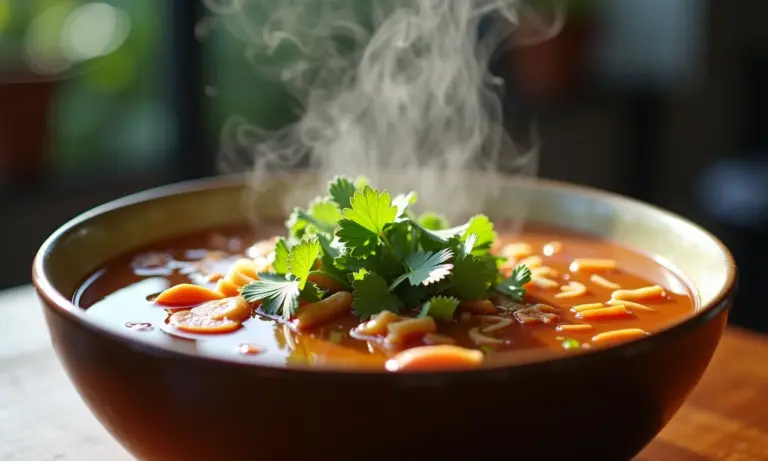 Tigela fumegante de pho bo com ervas frescas e caldo rico.