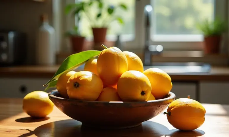 Tigela rústica cheia de umbus frescos em uma cozinha ensolarada.