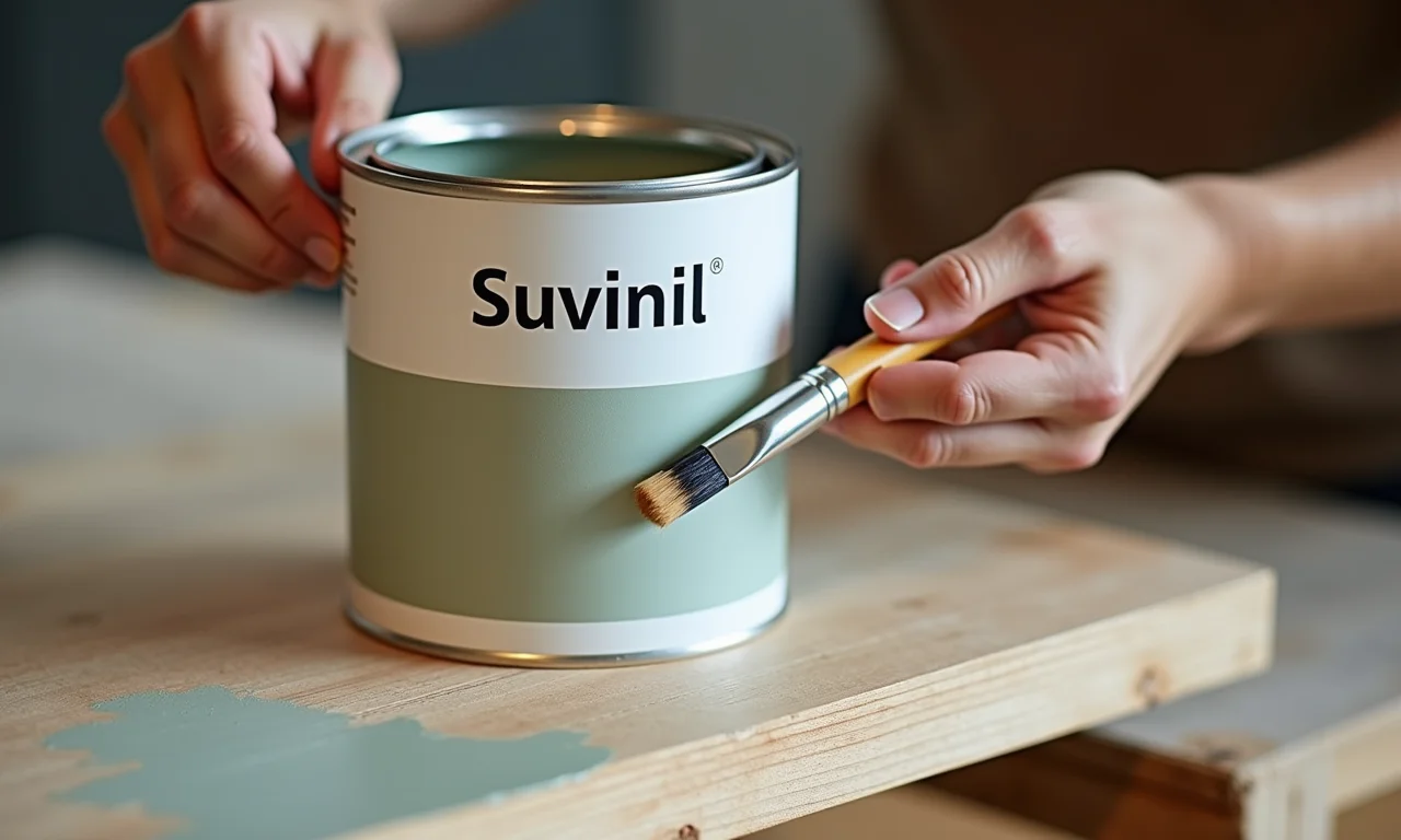 Tinta acrílica fosca da Suvinil aplicada em madeira reciclada.