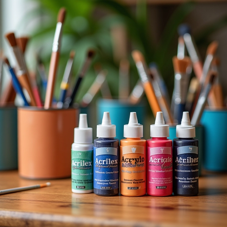 Tintas acrílicas Acrilex coloridas dispostas em uma mesa de madeira, prontas para uso.