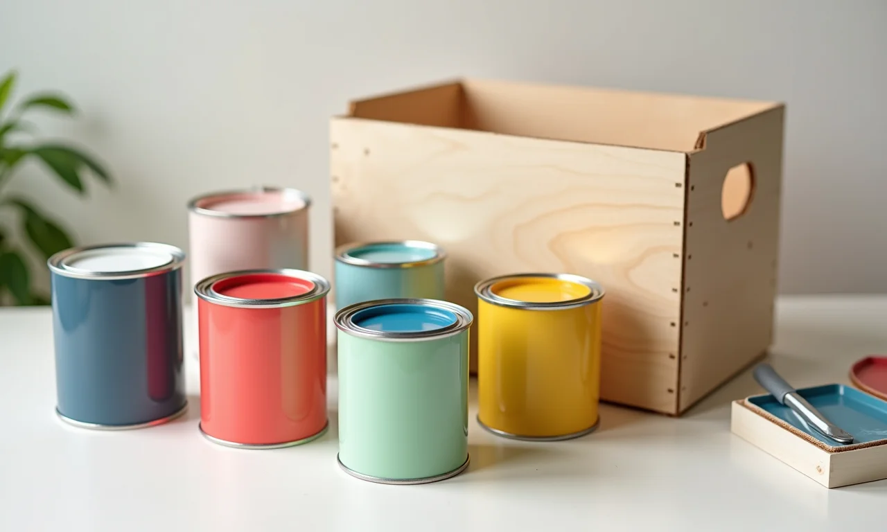 Tintas coloridas ao lado de kit higiene bebê em MDF sem pintura.