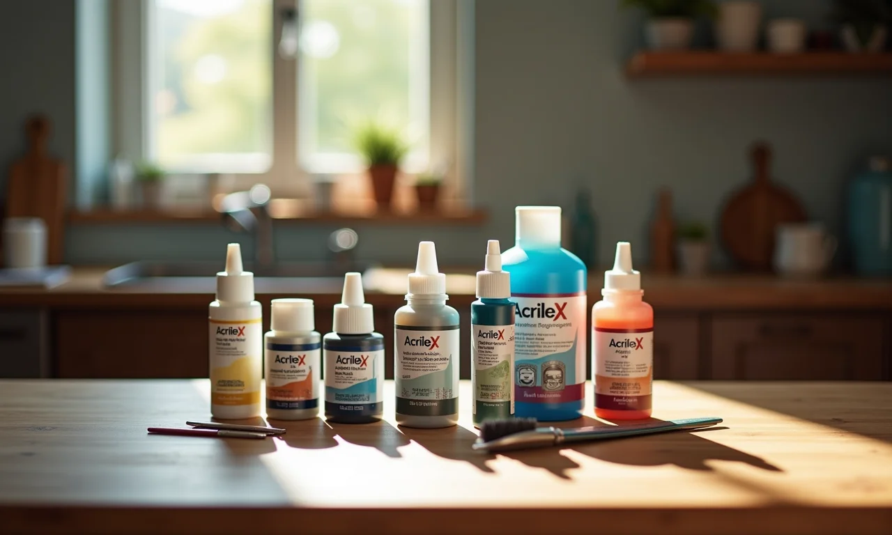 Tintas e ferramentas Acrilex dispostas em uma mesa de madeira.