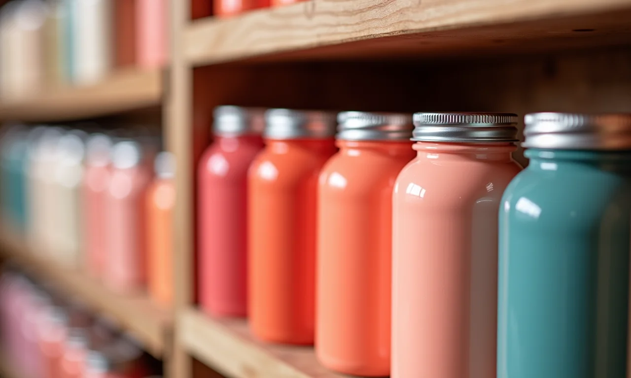 Tintas e vernizes da Coral em prateleira, cores vibrantes.