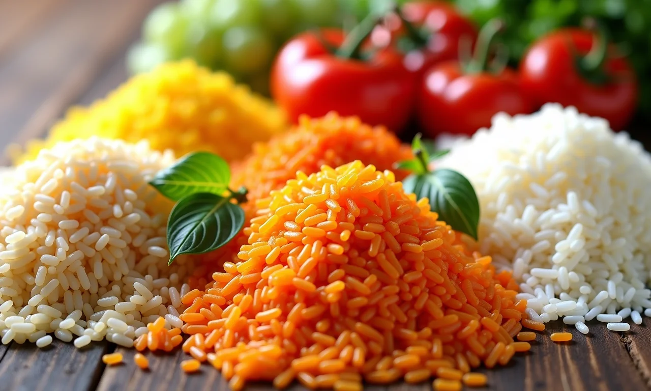 Tipos de arroz e vegetais para arroz colorido.