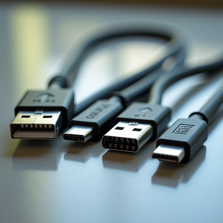 Tipos de cabos USB: USB-A, USB-C, Micro-USB.