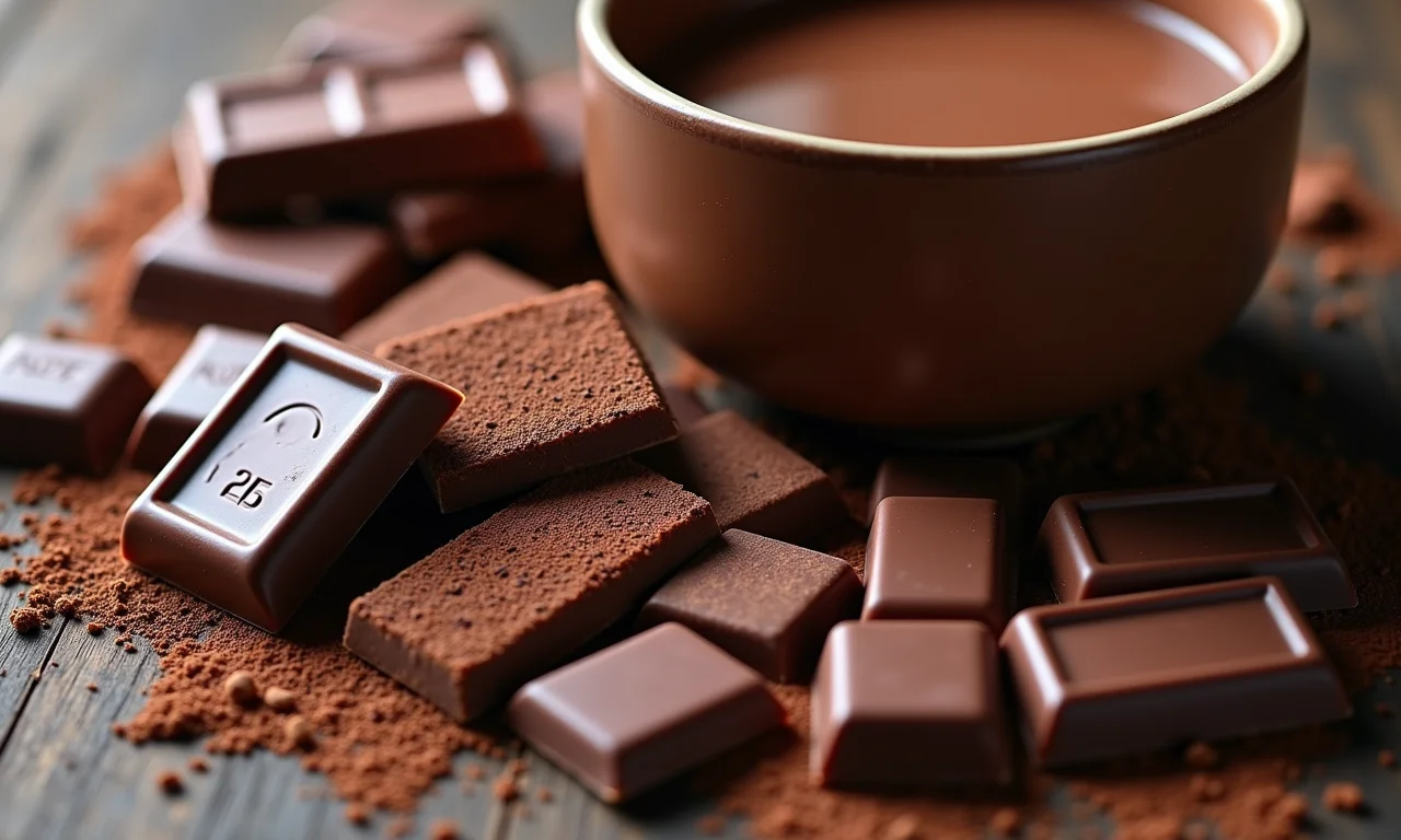 Tipos de chocolate (amargo, ao leite, meio amargo) ao lado de chocolate quente.