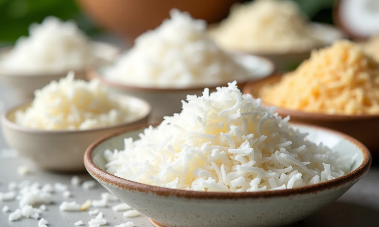 Tipos de coco ralado: fino, médio e grosso.