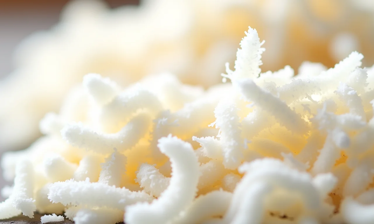 Tipos de coco ralado, fresco e seco, em close-up.