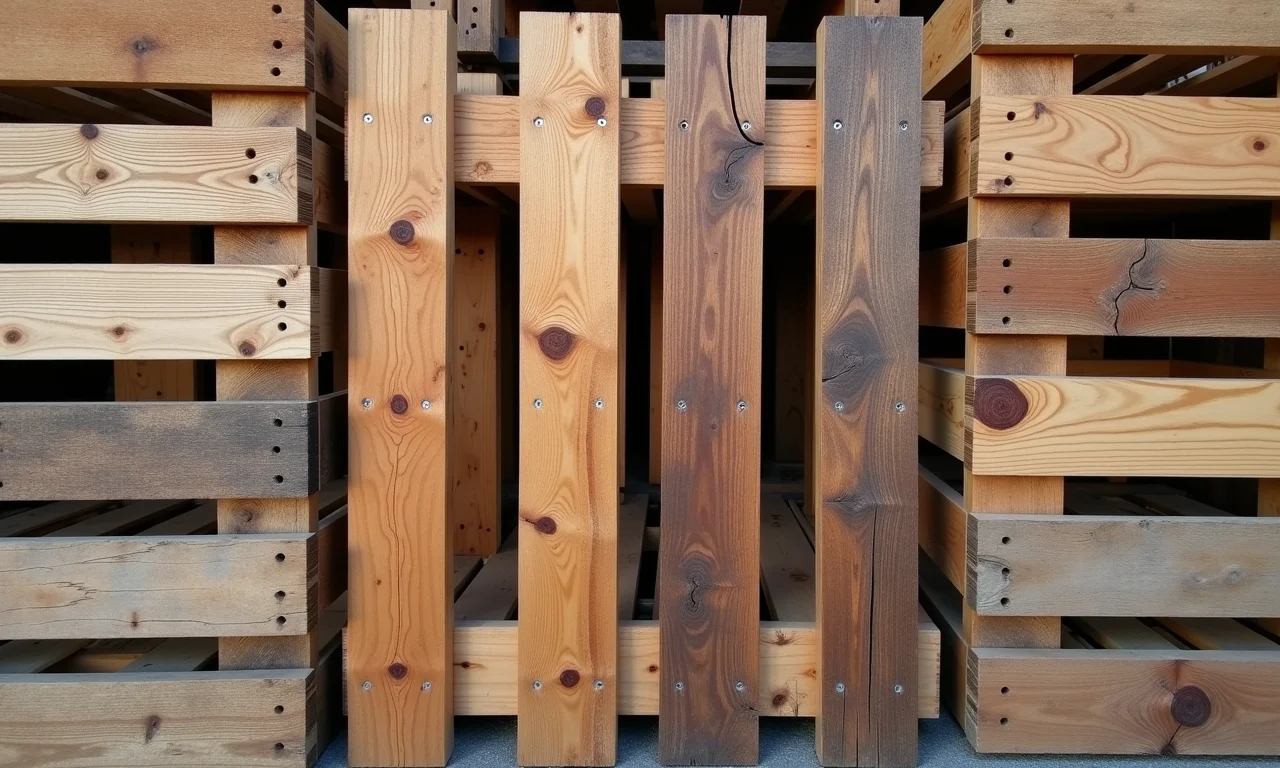Tipos de pallets para jardim vertical: comparação de madeira, textura e estrutura.