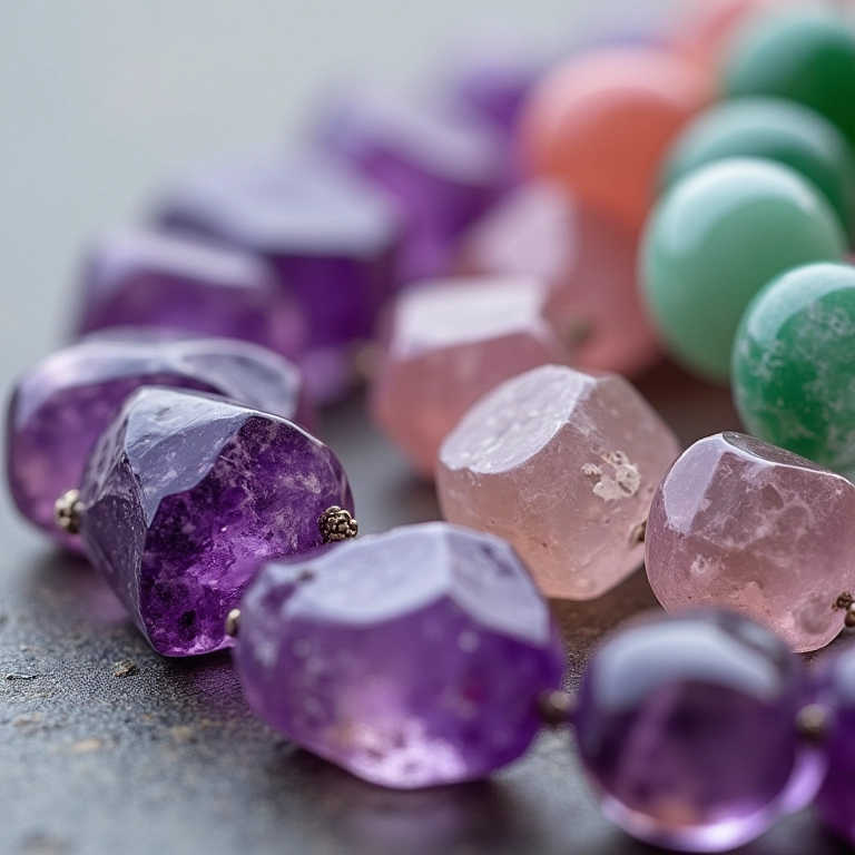 Tipos de pedras para pulseiras: ametista, quartzo rosa, jade.