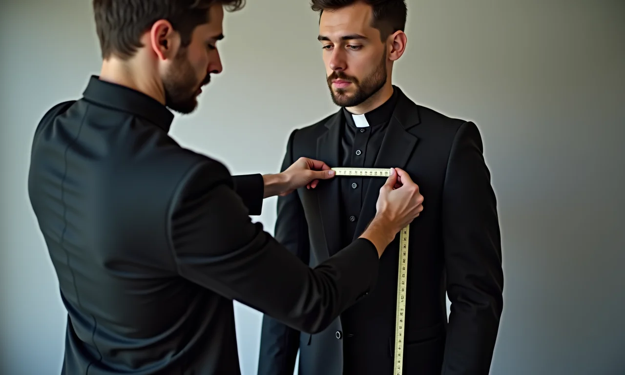 Tirando medidas para a túnica de padre com fita métrica.