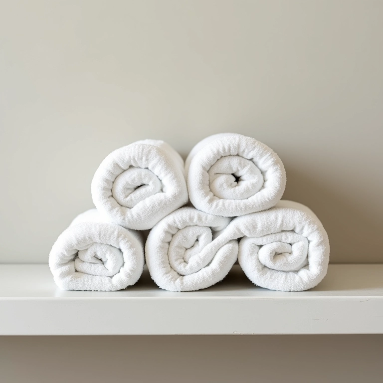 Toalhas enroladas com charme em uma prateleira de banheiro.