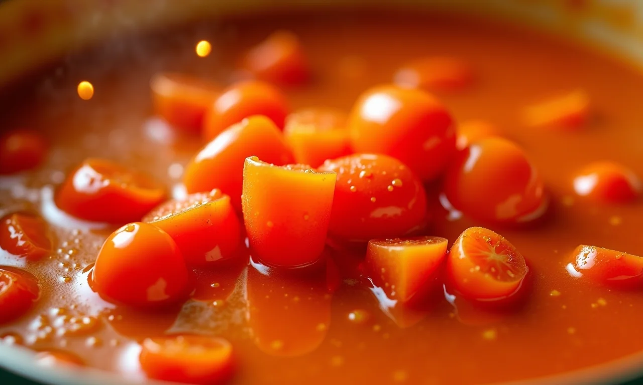Tomates frescos cozinhando em molho cremoso, base do tikka masala.