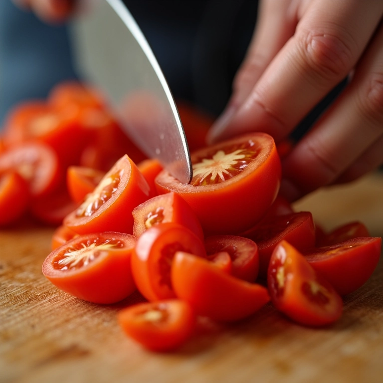 Tomates maduros e suculentos sendo picados para o tabule de quinoa.