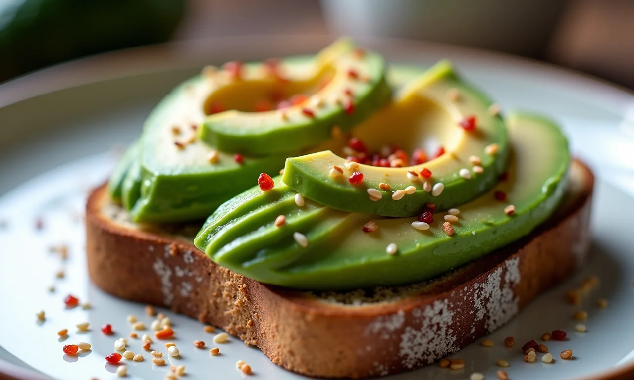 Torradas integrais com abacate, sementes de sésamo e pimenta.