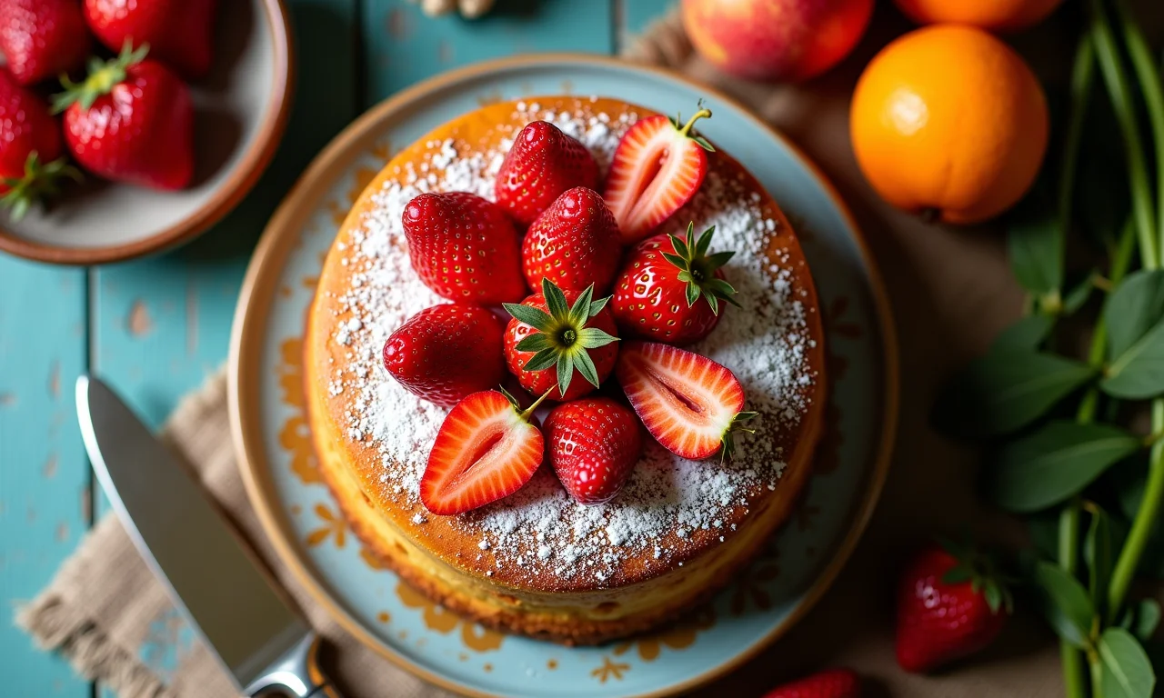 Torta Charlotte com coroa de biscoitos em uma cozinha ensolarada com decoração brasileira.