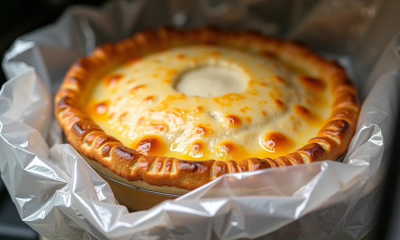 Torta de frango embalada pronta para congelar.