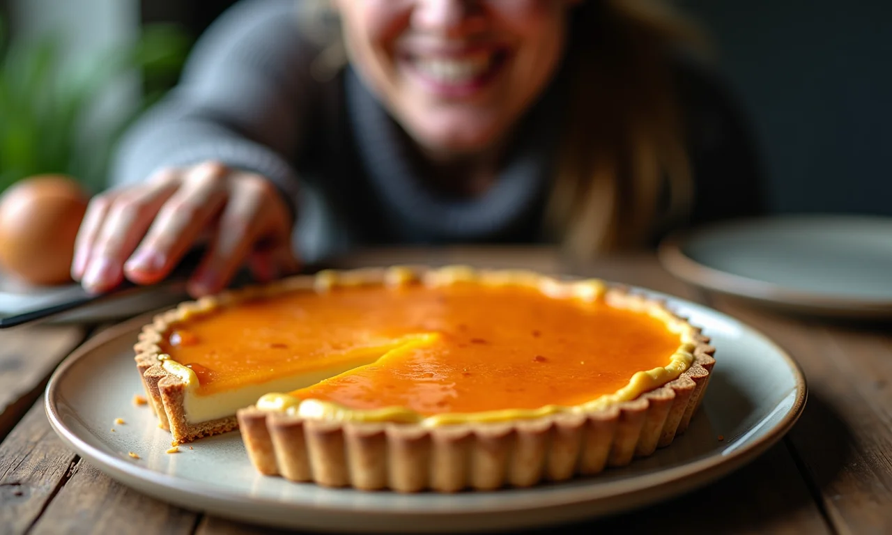Torta de marmelada e queijo com fatia sendo removida.