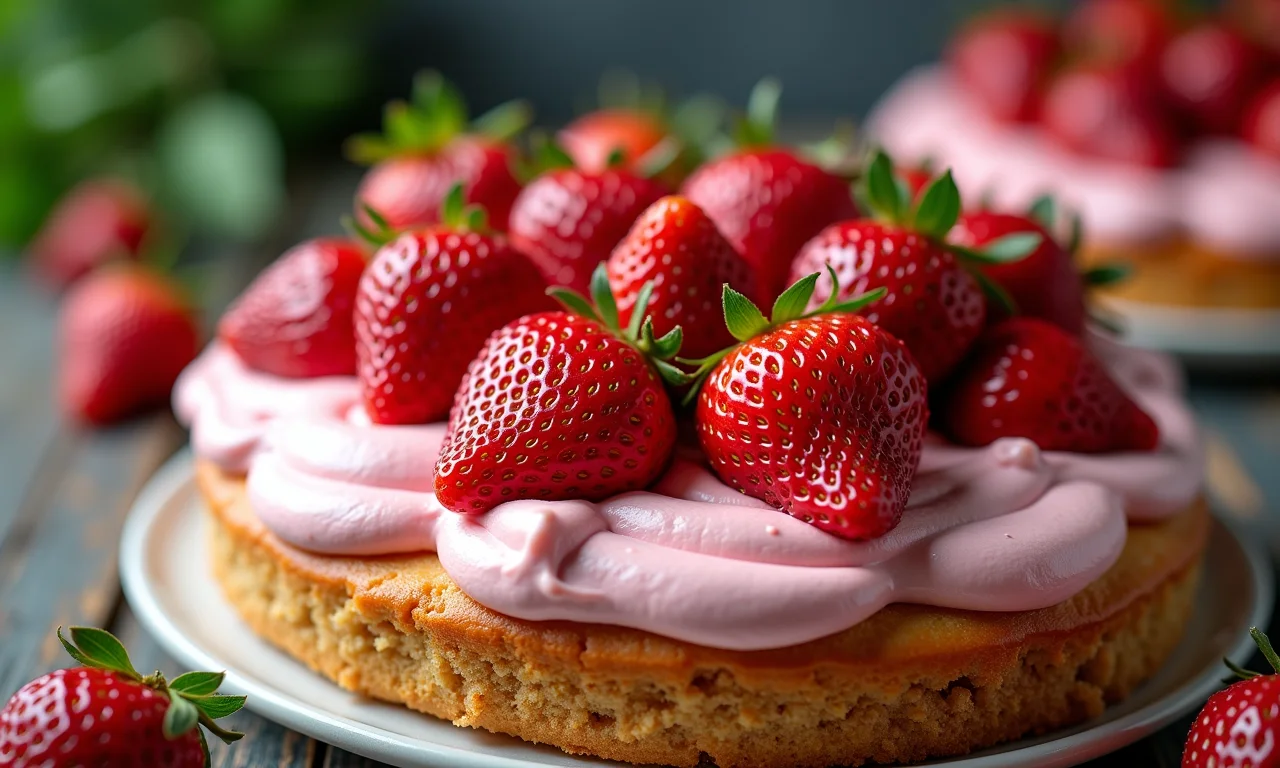 Torta Fraisier, bolo de morangos francês, com morangos frescos e creme mousseline.