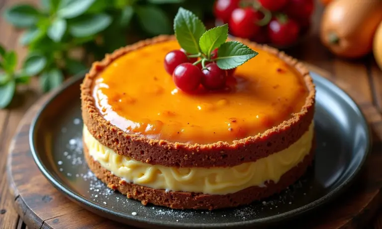 Torta Ópera, clássico francês de café e chocolate, em uma cozinha vibrante com decoração brasileira.