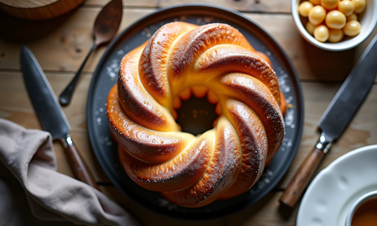 Torta Saint Honoré, um clássico da confeitaria francesa, com detalhes em caramelo e creme.