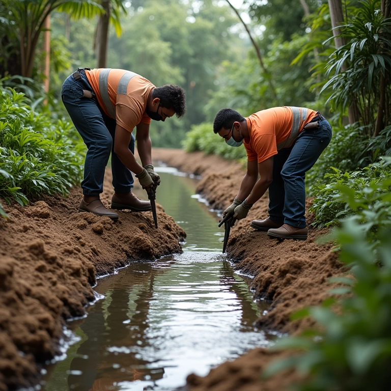 Trabalhadores escavando o terreno para um lago de carpas.