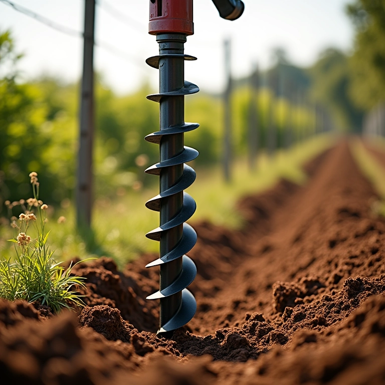 Trado manual sendo usado para fazer furo para cerca.