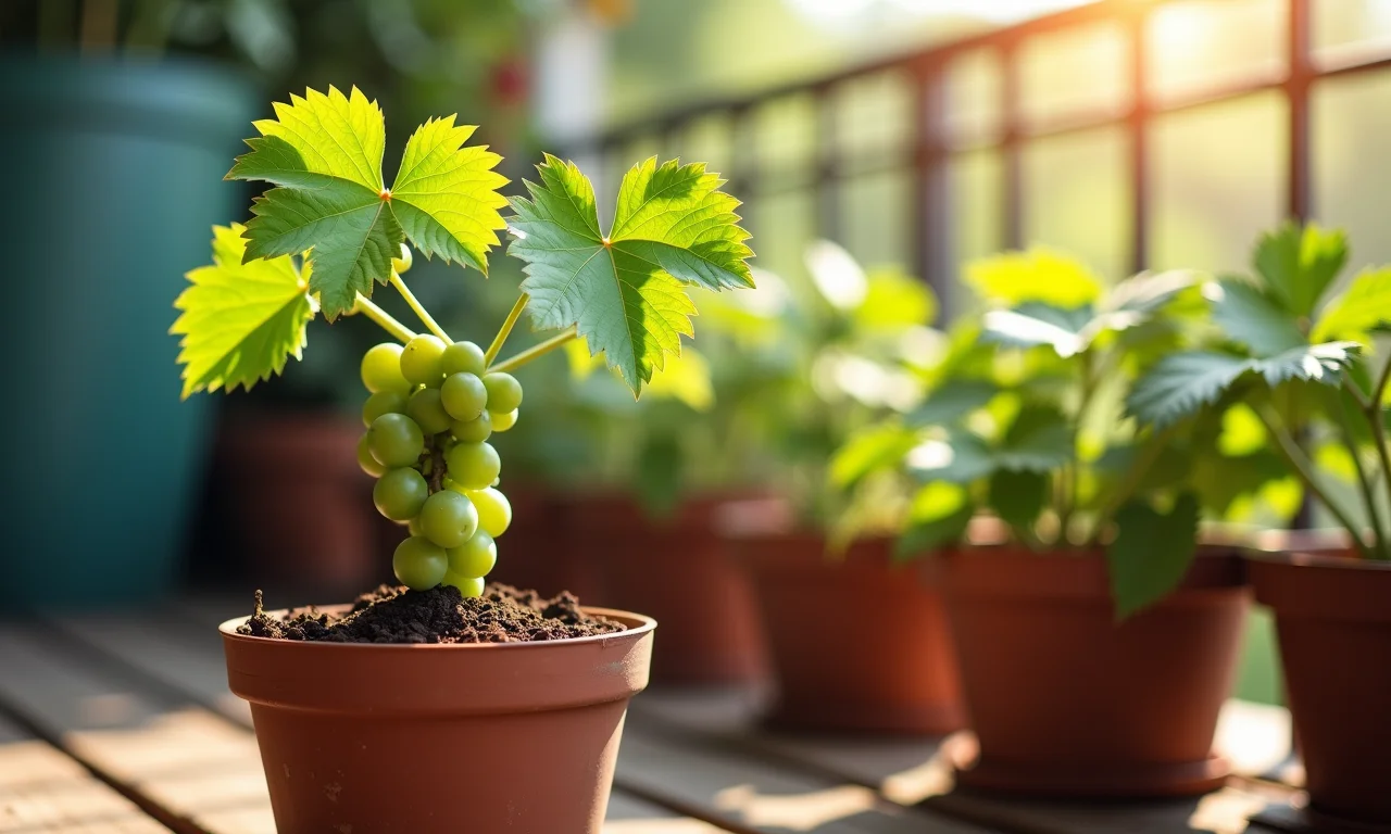 Transplante de muda de uva para vaso maior.