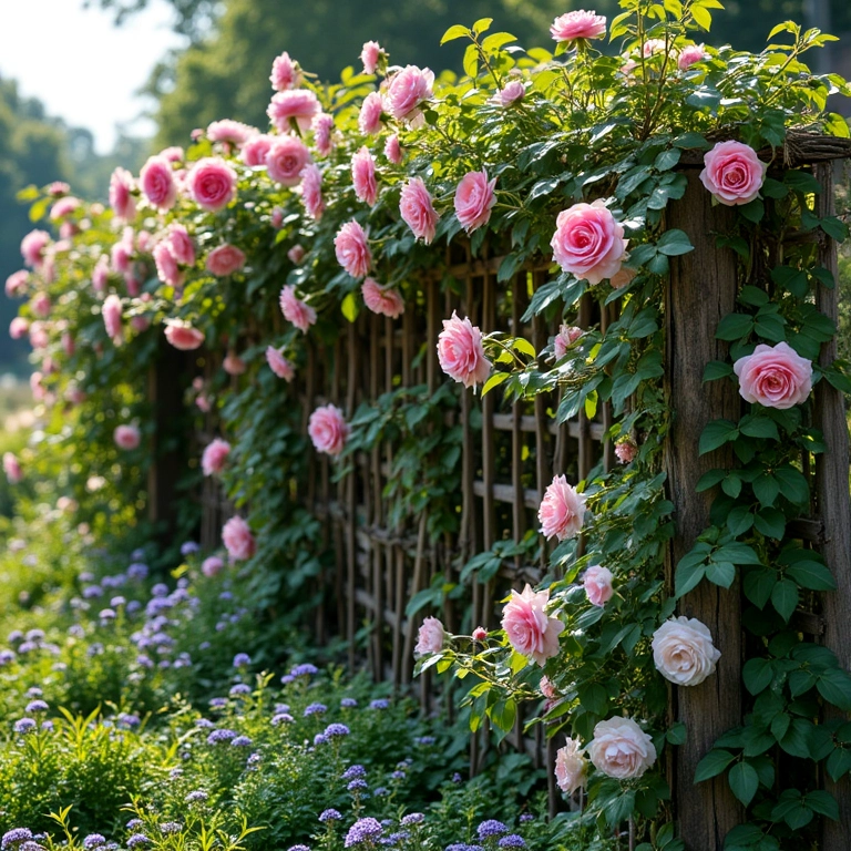 Treliça com rosas, clematis e ipomeias floridas.