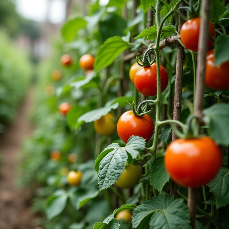 Treliça em jardim mostrando o crescimento de vários vegetais.