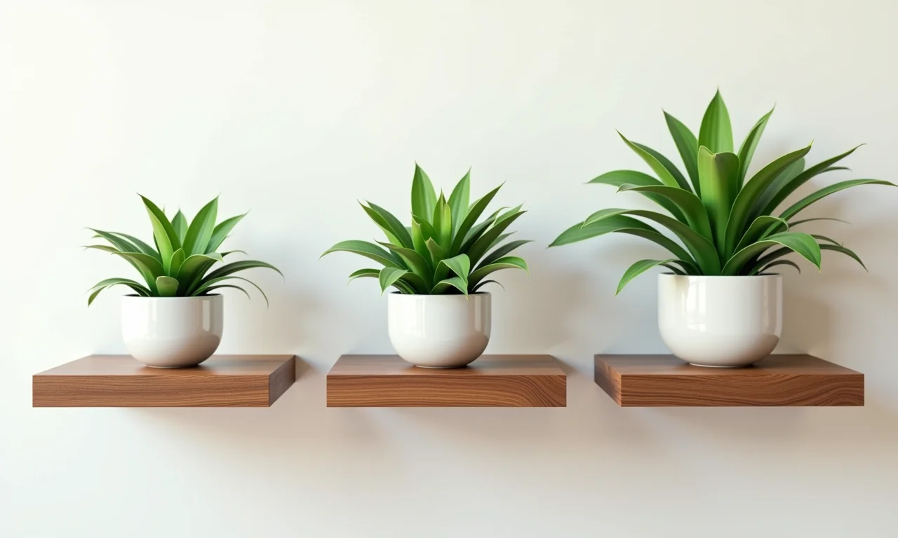 Três prateleiras de madeira com plantas de tamanhos variados, mostrando a distância ideal entre cada prateleira.