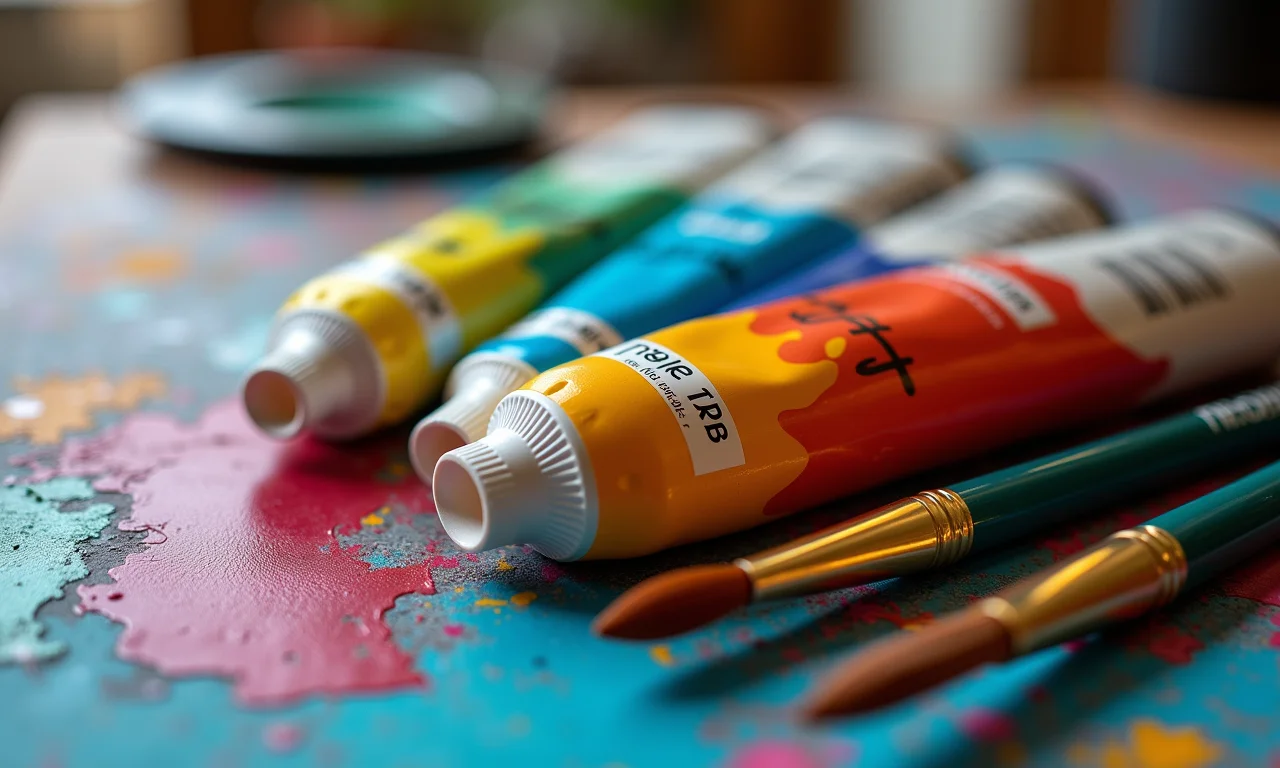 Tubos de tinta Acrilex coloridos e pincéis em estúdio de arte.