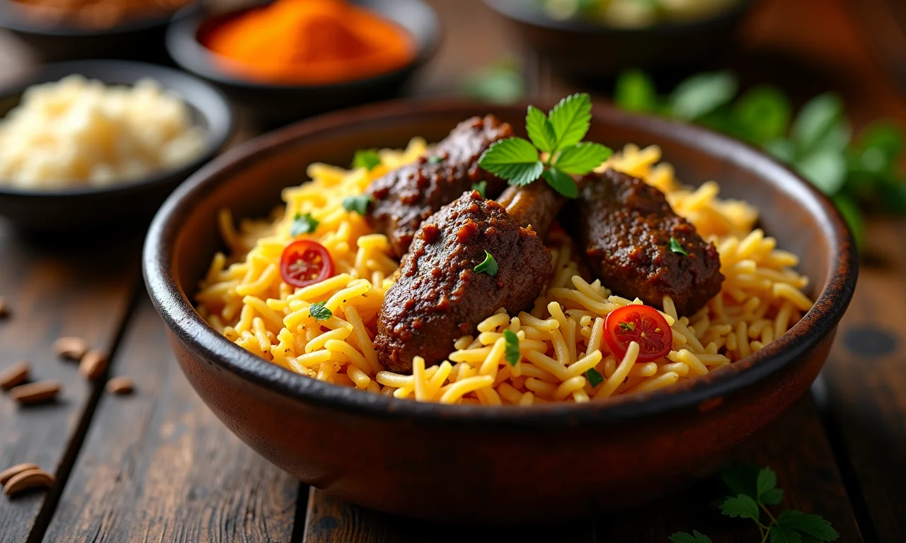 Um biryani de carneiro com especiarias indianas em um recipiente rústico.