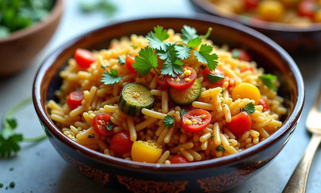 Um biryani de legumes vegano, cheio de cores vibrantes.