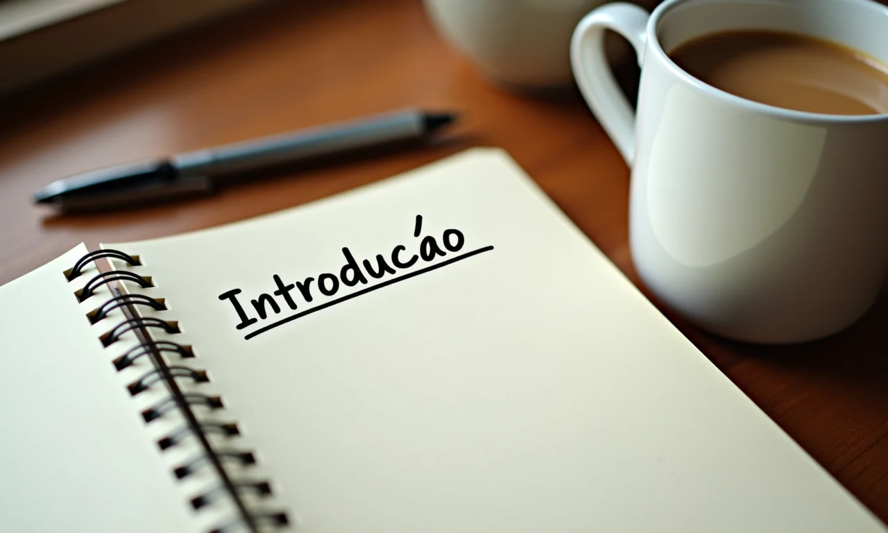 Um caderno aberto com o título 'Introdução', simbolizando o início do texto dissertativo.