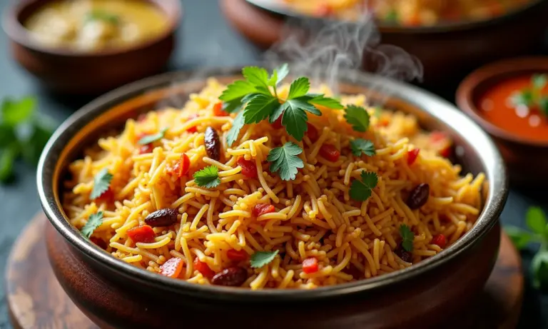 Um delicioso prato de biryani indiano com especiarias e ervas frescas.