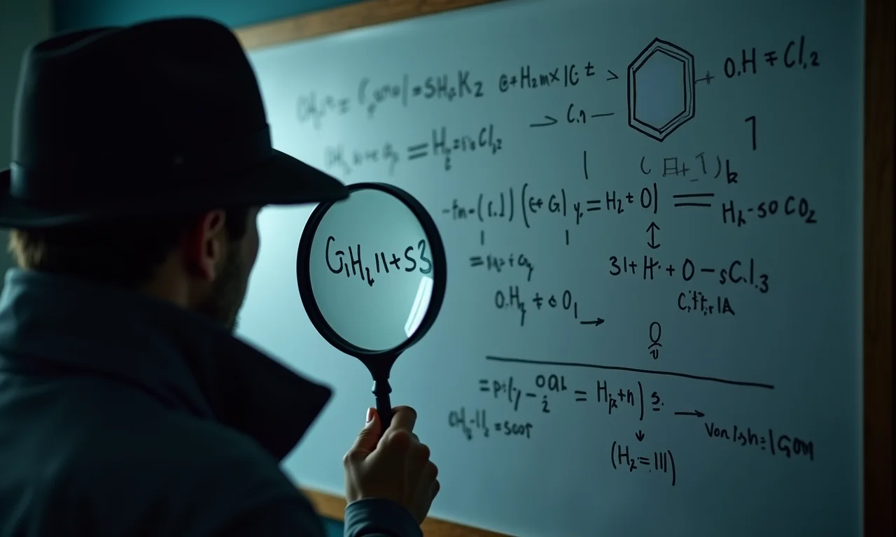 Um detetive analisando uma fórmula científica complexa, representando a busca por originalidade na problemática do TCC.