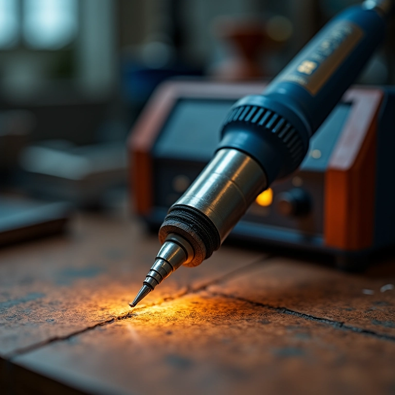 Um ferro de solda Hikari Plus em uma bancada.