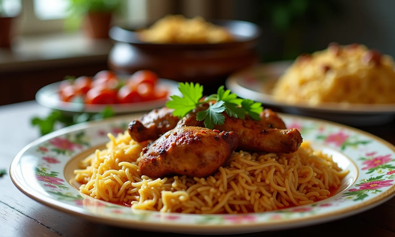 Um prato de biryani de frango clássico e delicioso.