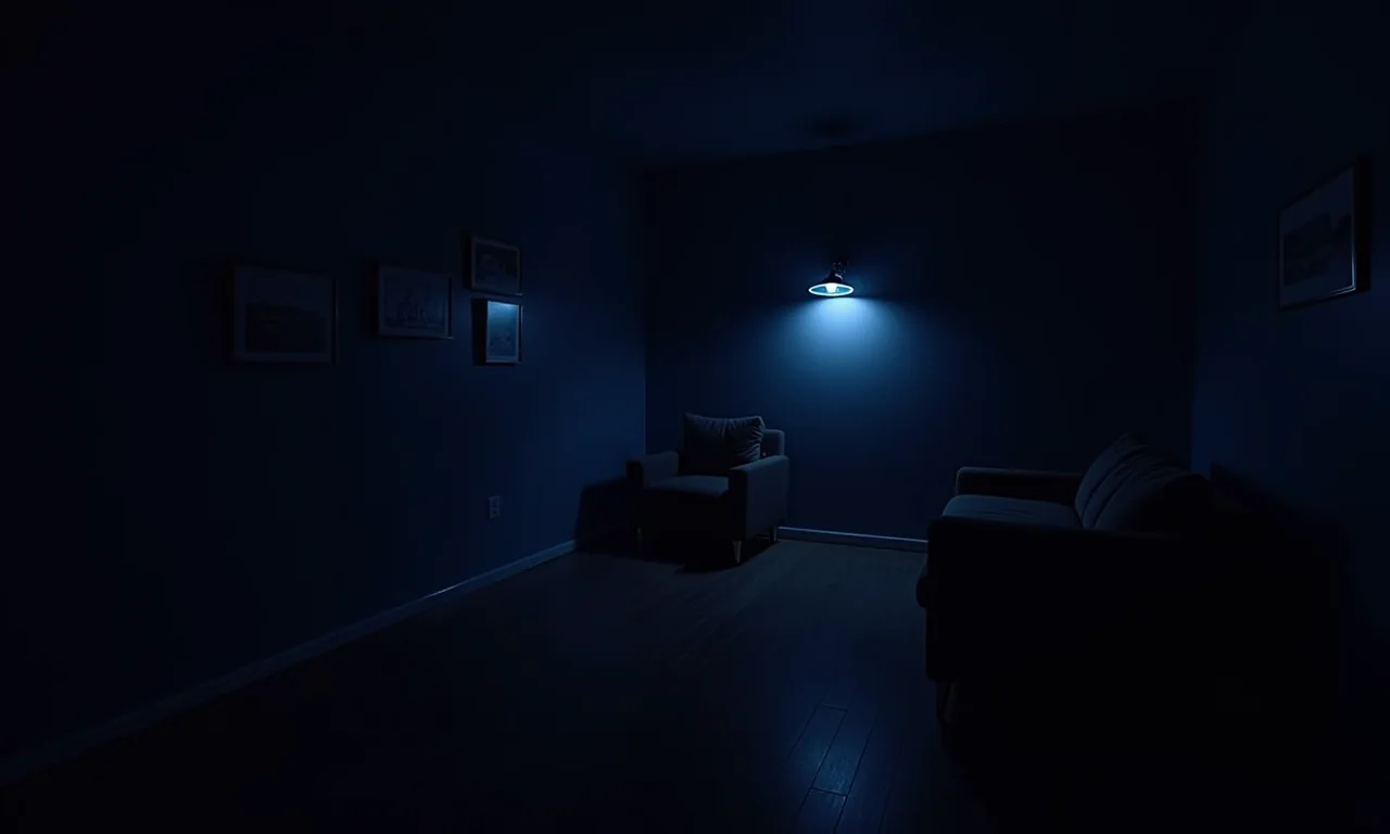 Um quarto pouco iluminado, objetos brilhando sob luz negra. Atmosfera sombria e misteriosa.