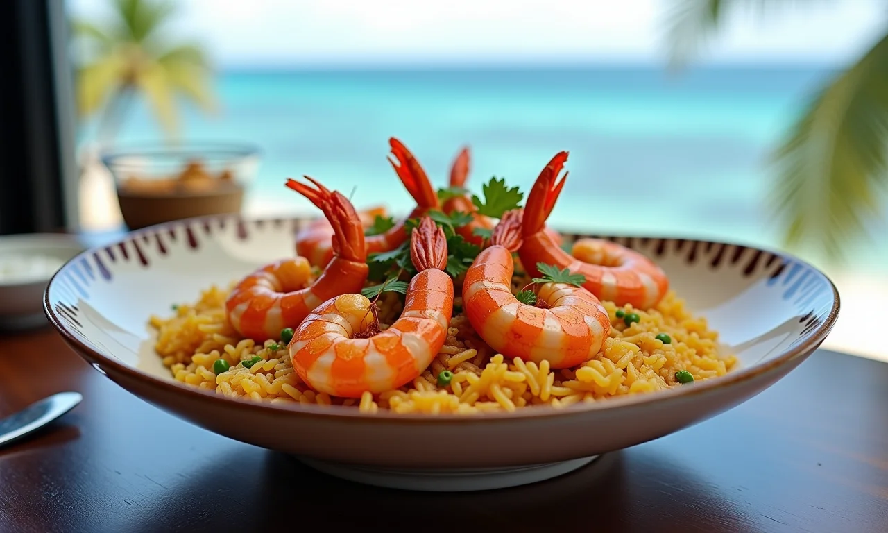 Um sofisticado biryani de camarão com vista para o mar.