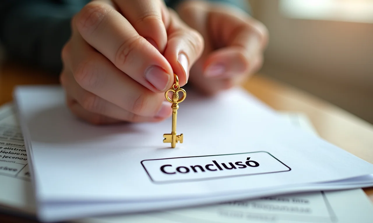 Uma chave dourada sobre a 'Conclusão' de um texto, simbolizando um fechamento eficaz.