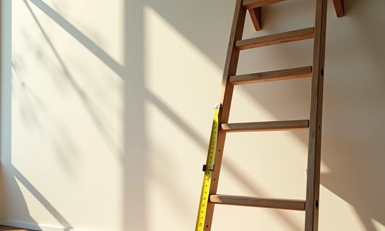 Uma escada encostada na parede formando um triângulo retângulo, com uma fita métrica.