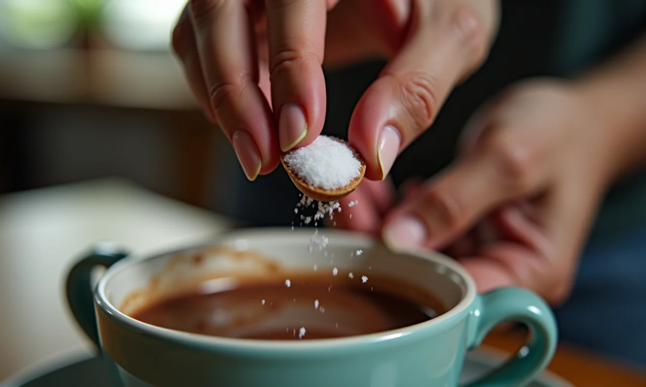 Uma pitada de sal sendo adicionada ao chocolate quente para equilibrar o doce.