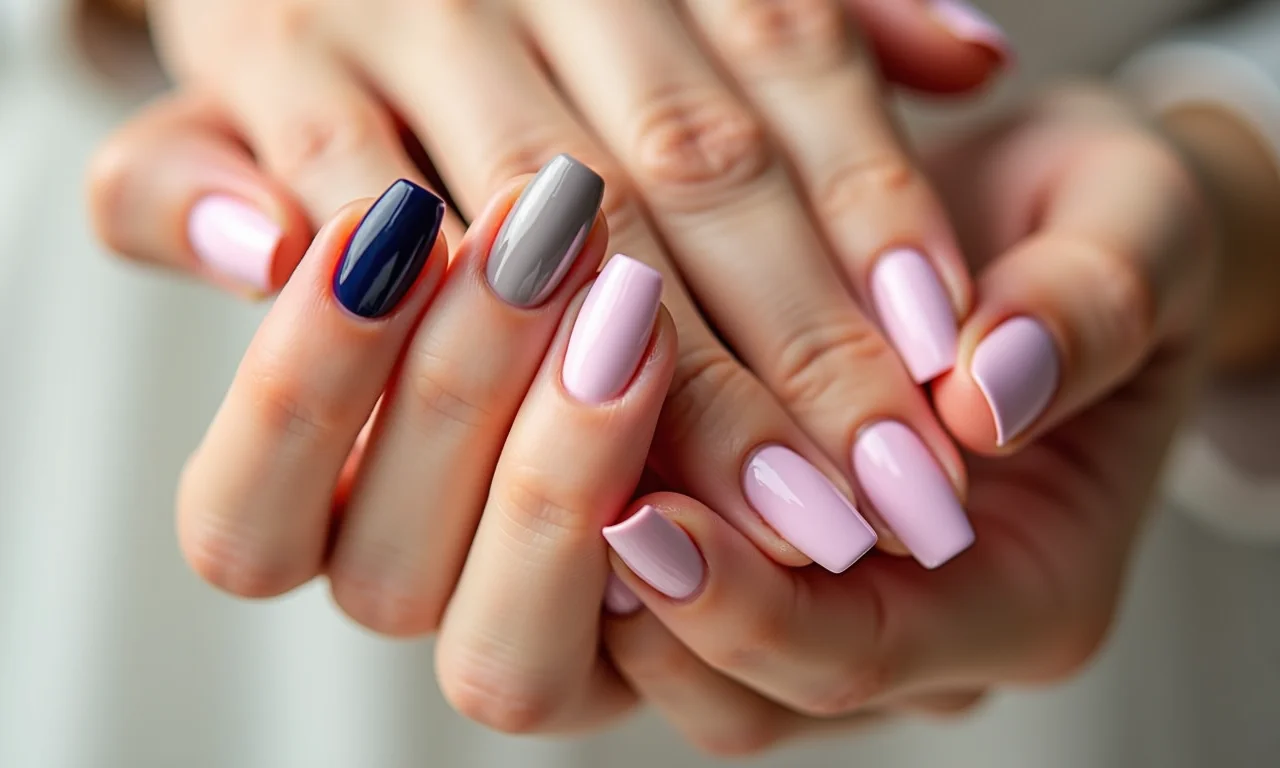 Unhas de gel pintadas com esmalte comum em diversas cores.