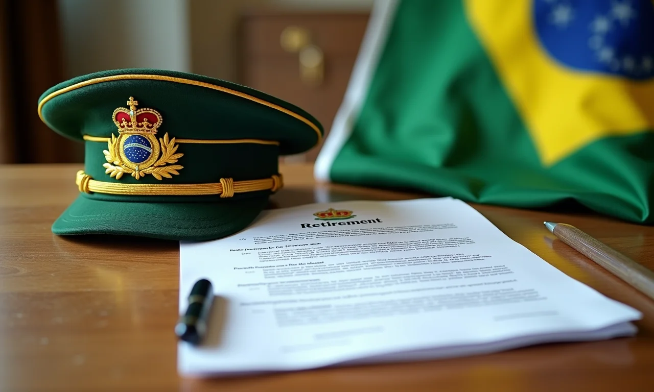 Uniforme militar brasileiro ao lado de documentos de aposentadoria.