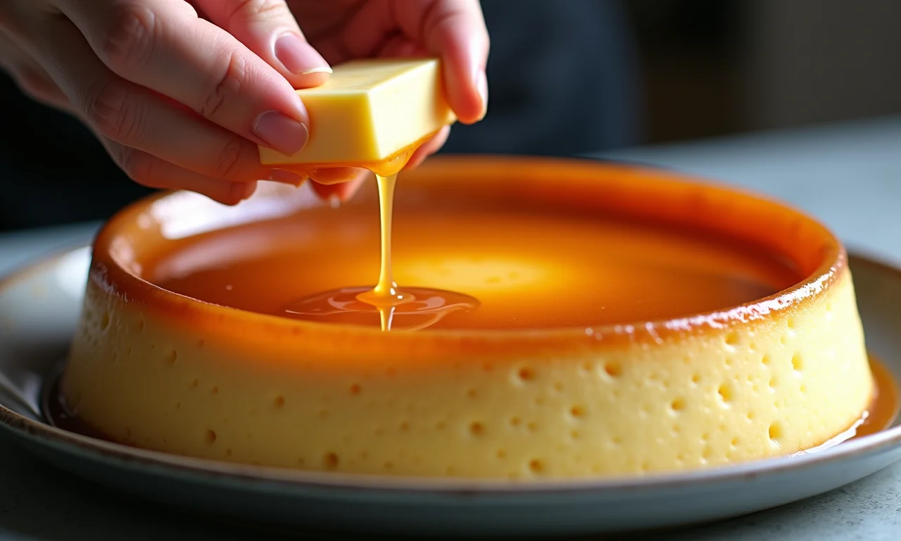 Untando a forma do pudim antes do caramelo.