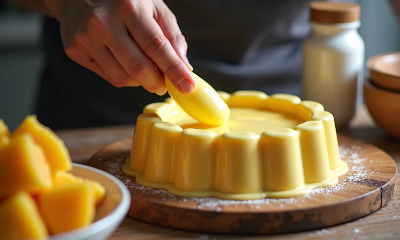 Untando a forma do pudim com manteiga para evitar que grude.