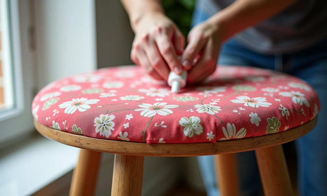 Usando cola para fazer capa de banqueta.