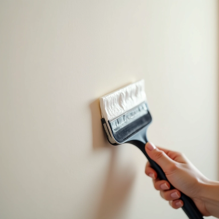 Usando ferramenta para evitar bolhas no papel de parede.